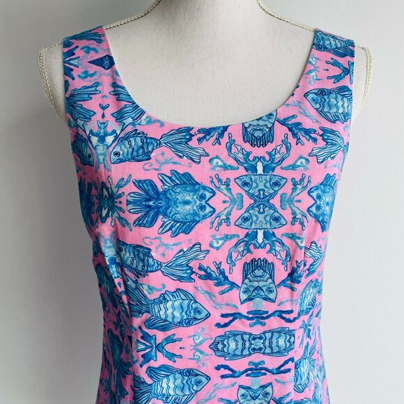 Kaeli Smith Annie Dress Mirror Fish Print Pink Blue Sleeveless Scoop Neck Size 8 - Picture 2 of 9